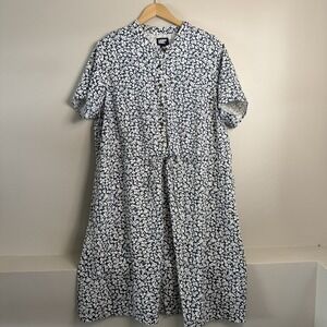 Lands End Dress 1X Blue White Floral Tie Cinched Waist Coastal Preppy Button
